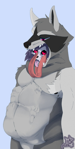 abdominal_bulge almost_fully_inside anthro anthro_pred anthro_prey belly biped body_outline bone bone_mask duo feet_first foot_imprint fur fur_tuft grey_body grey_fur half-closed_eyes hand_imprint head_in_mouth heart_eyes heart_symbol imprint long_tongue looking_down male male/male male_pred male_prey mask narrowed_eyes neck_bulge nipples oral_vore partially_inside purple_body purple_fur same_size_vore simple_background skull skull_mask soft_vore standing teeth tongue tongue_out tuft unusual_fur_pattern vore willing_prey ghostst ghost_(ghostst) felid feline mammal procyonid raccoon skullcat_(species) absurd_res hi_res