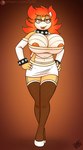 anthro areola big_breasts breasts clothed clothing collar eyewear female footwear glasses hair high_heels horn huge_breasts legwear looking_at_viewer non-mammal_breasts orange_eyes red_hair secretary shoes simple_background smile solo spikes stockings tan_body drxii mario_bros nintendo secretary_koopa koopa reptile scalie digital_media_(artwork) hi_res