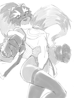 claws clothing female hair leotard mask paws ponytail raccoon_tail_hair sharp_teeth smile solo teeth phantom_phony bandai_namco digimon digimon_beatbreak bearcatmon binturong_humanoid digimon_(species) humanoid hi_res
