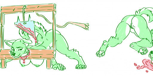 anthro ass_up blood bodily_fluids breasts decapitation detachable detachable_head excited female fur gore green_body green_fur guillotine happy headless nipples nude solo text beebeesba canid canine canis domestic_dog mammal hi_res url