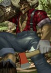 abs anthro antlers axe body_hair chest_hair clothed clothing facial_hair hooves horn log lumberjack male muscular muscular_anthro muscular_male mustache pecs solo wood behemoth89 diffuse_moose deer mammal moose new_world_deer hi_res