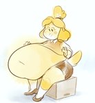 anthro belly belly_drop belly_jiggle big_belly blonde_hair bottomwear clothed clothing female fur hair hand_on_belly holding_belly jiggling monotone_bottomwear monotone_clothing monotone_skirt overweight overweight_anthro overweight_female pencil_skirt simple_background skirt smile solo weight_gain yellow_body yellow_fur ridiculouscake animal_crossing nintendo isabelle_(animal_crossing) canid canine canis domestic_dog mammal shih_tzu toy_dog 2019 2d_animation animated frame_by_frame loop short_playtime