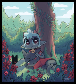 ambiguous_anthro ambiguous_gender anthro black_border border cloud day detailed_background duo flower fur grass looking_at_viewer outside plant shrub sky smile tree white_body white_fur white_wool wool_(fur) crow-ig cult_of_the_lamb massive_monster_(studio) lamb_(cult_of_the_lamb) narinder bovid caprine domestic_cat felid feline felis mammal sheep 2024 digital_drawing_(artwork) digital_media_(artwork) hi_res