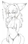 :d bikini blush bodily_fluids breasts clothed clothing dipstick_ears ear_markings eyes_closed fangs female hair inner_ear_fluff long_hair multicolored_ears navel open_mouth smile solo sweat sweatdrop swimwear teeth text tuft two-piece_swimsuit sakifox animal_humanoid canid canid_humanoid canine canine_humanoid fox_humanoid humanoid mammal mammal_humanoid greyscale hi_res japanese_text monochrome translated