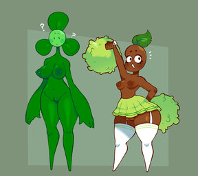 4_fingers 5_fingers areola bean belly big_breasts black_eyes blush bottomless bottomwear breasts brown_areola brown_body brown_nipples brown_skin brown_vulva cheerleader cheerleader_outfit clothed clothing clover_(plant) confusion curvy_figure duo female fingers flower genitals glistening glistening_areola glistening_belly glistening_body glistening_breasts glistening_genitalia glistening_nipples glistening_skin glistening_vulva green_areola green_background green_body green_bottomwear green_clothing green_nipples green_pom_poms green_skin green_skirt green_vulva humanoid_hands leaf leaf_hair legwear navel nipples open_mouth open_smile pedals plant plant_hair pom_poms pseudo_hair simple_background simple_eyes simple_face skirt smile standing text thick_thighs thigh_highs topless voluptuous voluptuous_female vulva white_clothing white_legwear white_sclera white_thigh_highs dozighost blover_(pvz) coffee_bean_(pvz) elemental_creature elemental_humanoid flora_fauna flower_creature flower_humanoid humanoid plant_humanoid 2024 artist_name colored digital_drawing_(artwork) digital_media_(artwork) english_text hi_res shaded signature watermark