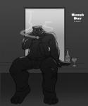 5:6 abs alcohol anthro bear beverage biceps bottomwear bulge cigarette clothing comic cover cover_art cover_page donryu food greyscale hi_res male mammal monochrome muscular muscular_anthro muscular_male necktie pants pecs rough_day smoke smoking solo wine