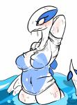 absurd_res anthro anthrofied avian badassbaal bird blue_body blue_countershading blush bottomless breasts clothed clothing countershading embarrassed featureless_breasts female generation_2_pokemon hi_res legendary_pokemon lugia nintendo non-mammal_breasts pokemon pokemon_(species) pokemorph shirt solo topwear translucent translucent_clothing water wet wet_clothing wet_shirt wet_topwear white_body