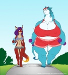 anthro athletic athletic_anthro athletic_female barefoot belly big_breasts breasts clothed clothing duo exercise feet female grass hair holding_object huge_breasts huge_thighs hyper hyper_breasts navel nipple_outline non-mammal_breasts obese obese_anthro obese_female outside overweight overweight_anthro overweight_female park pavement plant size_difference tail thick_tail thick_thighs weightlifting weights wide_hips workout vdisco mythology dinah_(vdisco) zaprela_(chromocelebi) dragon lezagrad lizard mythological_creature mythological_scalie reptile scalie 2007