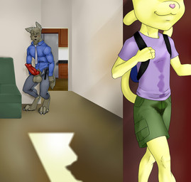 :3 after_sex age_difference animal_genitalia animal_penis anthro backpack balls barefoot belt big_balls big_penis blush bodily_fluids bottomwear canine_genitalia canine_penis claws clothed clothing cum cum_on_clothing digitigrade dirty duo erection feet genital_fluids genitals knot male male/male necktie open_bottomwear open_clothing open_pants pants penis shota size_difference smile standing toe_claws young young_anthro jackoffrabbit canid canine canis domestic_cat felid feline felis mammal wolf 2015 story story_in_description