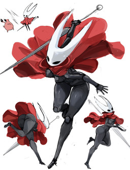 anthro black_body black_eyes breasts butt cloak clothing female horn melee_weapon red_cloak red_clothing solo weapon rgsp00n hollow_knight:_silksong hollow_knight_(franchise) team_cherry hornet_(hollow_knight) nuu_(hollow_knight:_silksong) arthropod insect 2025 hi_res