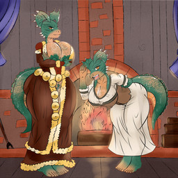 anthro areola barefoot big_breasts bodily_fluids breasts cleavage clitoris clothed clothing duo erect_nipples feet female fin fireplace genitals gesture green_areola green_body green_nipples green_vulva home horn huge_breasts nipple_outline nipple_slip nipples non-mammal_breasts non-mammal_nipples orange_body orange_eyes scales smile sweat sweatdrop tail vulva waving waving_at_viewer djart bethesda_game_studios microsoft oblivion the_elder_scrolls dar-ma seed-neeus argonian lizard reptile scalie 1:1 2026 absurd_res hi_res daughter_(lore) mother_(lore) mother_and_child_(lore) mother_and_daughter_(lore) parent_(lore) parent_and_child_(lore) parent_and_daughter_(lore)