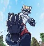 2017 anthro barefoot blonde_hair bottomwear canid clothed clothing cloud feet foot_focus fur hair looking_down low-angle_view macro macro_anthro macro_male male mammal plantigrade procyonid raccoon red_bottomwear red_clothing shorts sky smile smirk solo spunkyrakune stomping tirrel topless topless_anthro topless_male underpaw worm's-eye_view