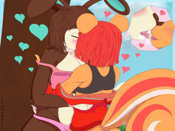 against_natural_surface against_surface against_tree anthro athletic big_tail blush bra breasts breath close-up clothing cloud duo eyelashes eyes_closed female female/female french_kissing fur hair heart_symbol hug jacket kissing larger_sub multicolored_body multicolored_fur multicolored_tail open_mouth outside panties plant public scut_tail short_tail size_difference smile smirk sports_bra standing submissive tail toned_female tongue tongue_out topwear tree underwear undressing kaliburr_advanced animal_crossing nintendo carmen_(animal_crossing) hazel_(animal_crossing) hare lagomorph leporid mammal rabbit rodent sciurid tree_squirrel hi_res