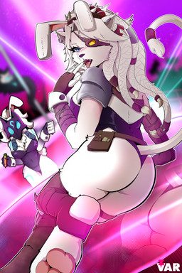 anthro blush breasts bunny_costume butt butt_focus chest_tuft clothing costume crossgender ear_piercing eye_patch eyewear fake_ears fake_rabbit_ears female finger_in_mouth fur fur_markings gloves group handwear legwear leotard looking_at_viewer looking_back markings mask mtf_crossgender nightclub open_mouth pawpads piercing pole presenting presenting_hindquarters rear_view reflection reflective_floor sitting stage stripper_pole tail thick_thighs thigh_highs tongue tongue_out tuft zvar league_of_legends riot_games tencent kindred_(lol) lamb_(lol) rengar_(lol) wolf_(lol) bovid canid canine canis caprine felid lion mammal pantherine sheep wolf hi_res