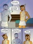 3:4 abs anthro bed bedroom blush canid canine canis clothing comic coyote dialogue english_text fish furniture fuze hi_res ian_dela_cruz lamp male mammal marine mond_reyes nude shark texnatsu text towel window