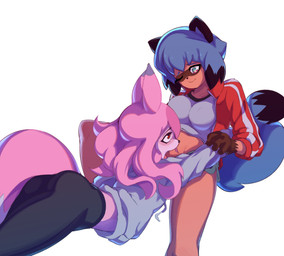 anthro anthro_on_anthro blue_body blue_eyes blue_fur blue_hair bottomwear breasts brown_body brown_fur butt clothed clothing cunnilingus duo female female/female fluffy fluffy_tail fur hair leggings legwear long_hair multicolored_body multicolored_fur multicolored_hair open_mouth oral pants pink_body pink_fur pink_hair sex simple_background tail tight_clothing topwear vaginal white_background yoga_pants rockset brand_new_animal studio_trigger michiru_kagemori nazuna_hiwatashi canid canine fox mammal raccoon_dog tanuki 2020 hi_res