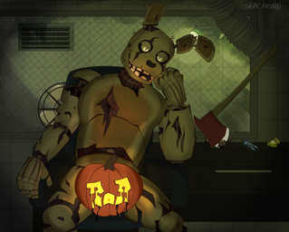 anthro axe food fruit holidays looking_at_viewer machine male melee_weapon plant pumpkin sitting smile solo weapon seachord five_nights_at_freddy's five_nights_at_freddy's_3 halloween scottgames springtrap_(fnaf) animatronic lagomorph leporid mammal rabbit robot robot_anthro 2021 absurd_res hi_res