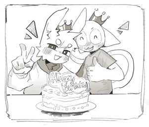 ^w^ anthro birthday birthday_cake blush blush_lines cake clothed clothing crown dessert duo food gesture hand_gesture happy headgear male male/male open_mouth smile standing tail thumbs_up v_sign ritabako65179 felid feline lagomorph leporid mammal rabbit hi_res