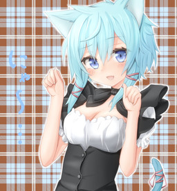 :d blue_eyes blue_hair breasts cleavage clothed clothing female hair long_hair looking_at_viewer maid_uniform open_mouth pattern_background paw_pose plaid pose simple_background smile solo uniform rateratte celtic_mythology european_mythology mythology sword_art_online shino_asada animal_humanoid cat-sith cat-sith_(sao) cat_humanoid felid felid_humanoid feline feline_humanoid humanoid mammal mammal_humanoid
