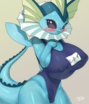 anthro anthrofied big_breasts blush breasts camel_toe clitoris_outline clothing female huge_breasts nipple_outline one-piece_swimsuit pokemorph school_swimsuit smile solo swimwear tail text thick_thighs shaolin_bones nintendo pokemon eeveelution generation_1_pokemon mammal pokemon_(species) vaporeon absurd_res hi_res translated