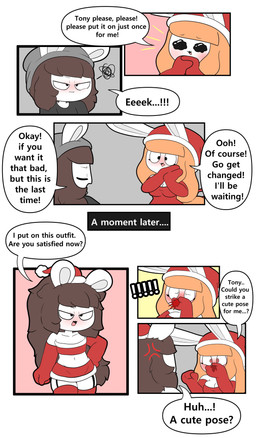 anthro beanie black_clothing black_shirt black_topwear blood blush bodily_fluids breasts brown_hair christmas_clothing christmas_dress christmas_headwear cleavage clothed clothing dialogue dress duo eyelashes female garter_straps grey_beanie grey_clothing grey_hat grey_headwear hair hat headgear headwear holidays long_hair male navel nosebleed orange_hair pose red_clothing santa_hat shirt speech_bubble text topwear tonytoran christmas tina_(tonytoran) tony_(tonytoran) chinchilla chinchillid lagomorph leporid mammal rabbit rodent absurd_res comic english_text hi_res