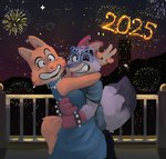 anthro canon_x_oc city duo female fireworks holidays male male/female night outside piercing daki_woo dreamworks new_year new_year_2025 the_bad_guys diane_foxington fan_character canid canine darwin's_fox fox humanoid mammal red_fox south_american_fox true_fox 2025 absurd_res hi_res