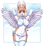 anthro armwear blue_bra blue_clothing blue_lingerie blue_panties blue_underwear bow_tie bra breasts brown_body brown_eyes brown_fur brown_hair camel_toe chest_tuft clothing crotch_tuft dipstick_ears ear_markings elbow_gloves eyebrows eyelashes fake_wings female fur gloves hair hands_behind_head handwear legwear lingerie looking_at_viewer multicolored_ears navel open_mouth open_smile panties smile solo stockings tuft underwear white_body white_fur white_hair ravagaard lagomorph leporid mammal rabbit 2024 hi_res