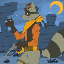 anthro belt bottomless brown_eyes cigarette clothed clothing cowboy cowboy_hat crescent_moon desert facial_hair fur gloves grey_body grey_fur gun half-closed_eyes handgun handwear hat headgear headwear holding_gun holding_handgun holding_object holding_ranged_weapon holding_revolver holding_weapon kerchief male markings mask moon mustache narrowed_eyes neckerchief neckwear night outlaw ranged_weapon revolver ring_(marking) ringed_tail side_view smile solo star striped_markings striped_tail stripes tail tail_markings topwear vest weapon western wild_west zombbh sly_cooper_(series) sony_corporation sony_interactive_entertainment sucker_punch_productions tennessee_kid_cooper mammal procyonid raccoon 1:1 2025 hi_res