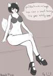 anthro blush bra clothed clothing comic digital_media_(artwork) female footwear hair hi_res high_heels looking_at_viewer makeup mostly_nude puzzleplush rude shoes simple_background solo text underwear