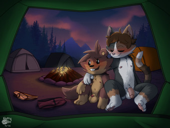 anthro balls blush briefs brown_body camping clothing genitals hair humanoid_genitalia humanoid_penis male male/male nude outside penis plant public tail tent tree underwear nutty_bo bo_(nutty_bo) mammal rodent sciurid tree_squirrel hi_res