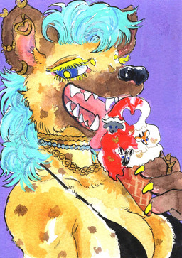 anthro bikini bikini_top black_bikini black_clothing black_nose black_swimwear blue_eyes blue_hair bra breasts brown_body brown_fur brown_spots chain claws cleavage clothed clothing dessert ear_piercing ear_ring eyebrow_piercing eyelashes facial_piercing fangs female fingers food fur hair holding_food holding_object ice_cream ice_cream_cone jewelry licking markings necklace open_mouth open_smile piercing purple_background red_tongue ring_piercing sharp_teeth simple_background smile solo spots spotted_body spotted_fur swimwear teeth tongue tongue_out two-piece_swimsuit underwear yellow_body kyokyota hyena mammal spotted_hyena 2021 bust_portrait hi_res painting_(artwork) portrait traditional_media_(artwork) watercolor_(artwork)