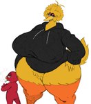 anthro beak big_breasts blonde_hair bottomless breasts cigarette clothed clothing crossed_arms crossgender duo female glistening_eyelids hair hoodie huge_breasts huge_hips huge_thighs larger_female looking_at_viewer looking_back male mtf_crossgender narrowed_eyes non-mammal_breasts obese overweight red_body size_difference smaller_male smoking thick_thighs topwear venus_figure wide_hips yellow_body sssonic2 muppets pbs sesame_street big_bird_(sesame_street) elmo avian bird humanoid 2023 absurd_res digital_media_(artwork) hi_res