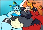 angry anthro athletic_wear belly belly_squish belly_to_belly blue_body blue_fur boxing boxing_gloves breast_squish breasts breasts_frottage clothing duo ears_up female fur handwear long_tail navel obese obese_anthro obese_female overweight overweight_anthro overweight_female piercing pink_eyes red_body sport squish tail text thick_thighs torn_clothing z_dragon capcom monster_hunter agnaktor leviathan_(mh) mizutsune english_text hi_res