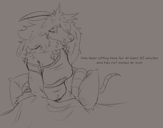 anthro bedding big_breasts blanket body_hair breasts chest_tuft eyes_closed female fluffy hair happy_trail holding_object holding_pillow messy_hair navel pillow slightly_chubby solo tail text tired tuft tusks heyimflame your_generic_scenarios kc_(ygs) american_opossum mammal marsupial english_text hi_res monochrome sketch