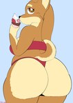 2024 absurd_res anthro big_butt bikini black_nose blue_background brown_body brown_eyes brown_fur butt canid canine canis clothed clothing dessert digital_drawing_(artwork) digital_media_(artwork) doge dogelore domestic_dog female food fur hair hi_res holding_food holding_ice_cream holding_ice_cream_cone holding_object holly_avenue huge_butt ice_cream ice_cream_cone licking_ice_cream long_hair looking_back mammal meme overweight overweight_anthro overweight_female red_bikini red_clothing red_swimwear shiba_inu signature simple_background solo spitz swimwear tail toonarscontent two-piece_swimsuit white_body white_butt white_fur
