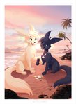 ambiguous_gender beach blue_eyes cloud day detailed_background duo eyebrows eyelashes feral open_mouth outside sand seaside shoreline sitting sky smile teeth tongue water kitchiki domestic_cat felid feline felis mammal 2021 digital_media_(artwork) hi_res