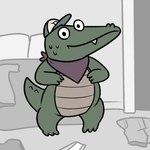 anthro baseball_cap bed bottomwear clothing featureless_crotch furniture green_body green_scales hat headgear headwear inside kerchief male pants pillow scales smile solo teeth_showing nishi_oxnard later_alligator pat_(later_alligator) alligator alligatorid crocodilian reptile scalie 1:1