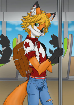 anthro backpack blonde_hair clothing fur green_eyes hair jacket male orange_body orange_fur shirt solo topwear undershirt white_body white_fur lucaswilde_(artist) lucaswilde canid canine fox mammal absurd_res hi_res