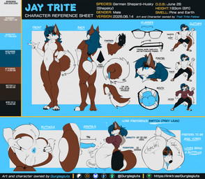 anthro anus blue_hair brown_body brown_fur butt clothed clothing curled_tail eyewear fur genitals glasses hair male mouth_shot open_mouth pawpads paws penis solo spread_butt spreading tail text vore gurglegluts jay_(gurglegluts) canid canine canis domestic_dog german_shepherd herding_dog husky hybrid mammal nordic_sled_dog pastoral_dog spitz colored english_text hi_res model_sheet