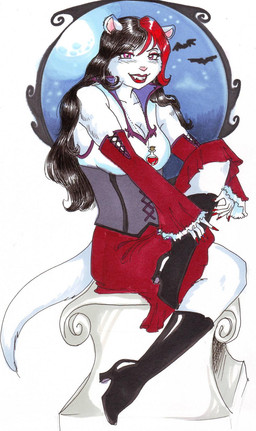albino alternative_fashion anthro armwear bat_(shape) bell_sleeves biped black_hair blood bodily_fluids boots bottomwear clothing colored_nails column corset detached_sleeves fangs female footwear frilly fur goth hair high_heeled_boots high_heels jewelry lacing lingerie looking_at_viewer multicolored_hair nails necklace night pink_eyes red_bottomwear red_clothing red_nails shoes sitting skirt sky solo star starry_sky tail teeth topwear vial victorian_goth white_body white_fur sue-chan_(artist) mammal mustelid otter vampire hi_res marker_(artwork) mixed_media pen_(artwork) traditional_media_(artwork)