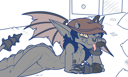 accessory anthro arm_support bat_wings bed bedroom black_hair blush blush_lines claws clitoris closed_smile clothing collarbone condom_wrapper cuff_(restraint) drawer facial_piercing female female_anthro flat_chested furgonomics furniture genitals grey_blush grey_body grey_nipples grey_scales hair hat hat_only head_horn headgear headgear_only headwear headwear_only horn inside ivy_(plant) long_ears looking_at_viewer lying medium_hair membrane_(anatomy) membranous_wings mostly_nude mostly_nude_anthro mostly_nude_female mouth_closed navel newsboy_cap nipples non-mammal_navel non-mammal_nipples nose_piercing nose_ring notched_ear notched_wings on_bed on_side one_eye_closed piercing pillow pointy_ears prick_ears pupils restraints ring_piercing scales septum_piercing septum_ring skinny_anthro skinny_female slit_pupils small_horn small_waist smile smiling_at_viewer snout solo spread_wings tail tail_accessory tapering_tongue thin_thighs tongue tongue_out underbite vulva wing_claws wings wink winking_at_viewer wrist_cuffs yellow_eyes magra123 magra215 deadlock_(game) valve ivy_(deadlock) gargoyle 2026 digital_drawing_(artwork) digital_media_(artwork) english_description hi_res portrait signature three-quarter_portrait