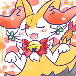 accessory ambiguous_anthro ambiguous_gender anthro bell biped blush blush_stickers bow_ribbon cute_fangs eyes_closed fangs food footprint front_view hair_accessory hair_tie object_in_tail open_mouth open_smile pattern_background paw_pose pawprint pawprint_background pose shrimp_(food) simple_background smile snout solo standing tail teeth annyui0611 nintendo pokemon braixen canid generation_6_pokemon mammal pokemon_(species) 1:1 2023 digital_drawing_(artwork) digital_media_(artwork) half-length_portrait hi_res japanese_description portrait translated_description