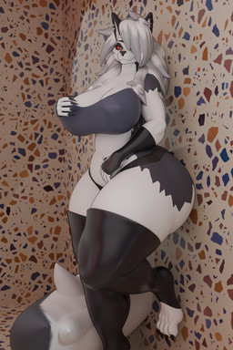 anthro big_breasts black_clothing black_gloves black_handwear black_latex black_legwear black_panties black_thigh_highs black_underwear breasts cleavage clothed clothed_anthro clothed_female clothing digitigrade female fingerless_gloves fluffy fluffy_tail fur gloves grey_body grey_clothing grey_eyes grey_fur grey_hair grey_topwear hair handwear huge_breasts latex latex_clothing latex_gloves latex_handwear latex_legwear latex_thigh_highs legwear long_hair looking_at_viewer multicolored_body multicolored_fur panties red_sclera solo tail thick_thighs thigh_highs topwear two_tone_body two_tone_fur underwear white_body white_fur raguda raguda_(modeler) hellaverse helluva_boss mythology loona_(helluva_boss) canid canid_demon canine demon hellhound mammal mythological_canine mythological_creature 2:3 3d_(artwork) absurd_res digital_media_(artwork) hi_res