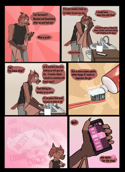 angry animal_genitalia animal_penis anthro bat_nose bat_wings bathroom belly_hair blush blush_lines body_hair bottomwear brown_body brown_fur brush bulge chest_hair chest_tuft claws clothing container cup dating_app dialogue ears_back ears_down electronics equine_genitalia equine_penis fangs finger_claws fur genitals gloves_(marking) gradient_background hair happy happy_trail hopeful inner_ear_fluff male markings membrane_(anatomy) membranous_wings onomatopoeia pants pattern_background penis phone phone_app phone_screen pivoted_ears profanity red_body red_fur red_hair simple_background sink solo sound_effects speech_bubble tail tail_tuft teeth text toilet toothbrush topwear tuft vest water wet wet_body wet_fur wide_eyed wings familiar_nobody famno_(familiar_nobody) bat flying_fox mammal megabat absurd_res comic english_text hi_res