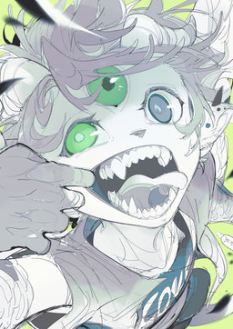 2_horns 3_eyes 5_fingers anthro black_spikes blue_eyes blue_pupils clothed clothed_anthro clothed_male clothing duo ear_spikes fangs finger_in_mouth fingers forehead_eye green_background green_eyes green_pupils hair head_horn heterochromia horn looking_at_viewer male multi_eye open_mouth pupils purple_hair ringed_iris shirt simple_background solo_focus teeth tongue tongue_out topwear white_sclera chiayeeee avian bird chicken galliform mammal phasianid unknown_species 2024 absurd_res digital_drawing_(artwork) digital_media_(artwork) half-length_portrait hi_res portrait
