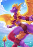 anthro armor blue_sky claws clothing cloud crossgender eyelashes female finger_claws fingers flying horn membrane_(anatomy) membranous_wings mtf_crossgender purple_eyes sky solo tail toe_claws water wings margony activision european_mythology mythology spyro_the_dragon spyro dragon mythological_creature mythological_scalie scalie western_dragon 2023 digital_media_(artwork) hi_res