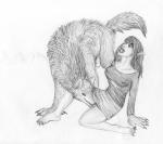 anthro arania bottomwear breasts canid canine canis claws clothed clothing duo female female_on_feral feral genitals human humanoid_pointy_ears licking male mammal monochrome mythological_canine mythological_creature mythology nipple_outline open_mouth penis sketch skirt smile tongue tongue_out transformation were werecanid werecanine werewolf wolf