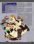 anthro bodily_fluids candy chocolate dessert edible food future genitals male obese obese_anthro obese_male overweight overweight_anthro overweight_male penis role-playing_game science_fiction solo sweat tabletop text min_(artist) fapp fish marine salmon salmonid_(fish) english_text hi_res model_sheet