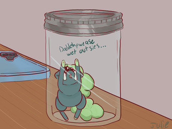 against_surface ambiguous_feral ambiguous_gender baby_talk bodily_fluids container crying dialogue feral fur green_hair green_hooves green_tail hair hand_on_glass hands_on_glass hooves jar lid looking_up neonate on_glass on_hind_legs open_mouth pleading_eyes solo tail teal_body teal_fur tears text trapped young young_ambiguous young_feral julie_(artist) fluffy_pony fluffy_pony_(species) mammal microfluff 2026 4:3 digital_media_(artwork) english_description english_text hi_res shaded