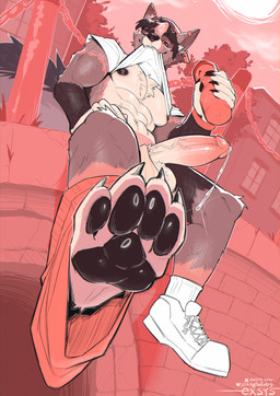 anthro backwards_baseball_cap backwards_hat balls baseball_cap big_penis bodily_fluids bottle boxers_(clothing) claws clothed clothing clothing_around_one_leg container dripping feet foot_focus footwear fur genital_fluids genitals grey_body grey_fur hat headgear headwear humanoid_genitalia humanoid_penis looking_at_viewer male muscular muscular_anthro muscular_male one_eye_closed partially_clothed pawpads pecs penis precum precum_drip seductive shirt_in_mouth shoes sitting sneakers socks solo toe_claws underwear underwear_around_one_leg underwear_down water_bottle wink winking_at_viewer exsys canid canine canis mammal wolf